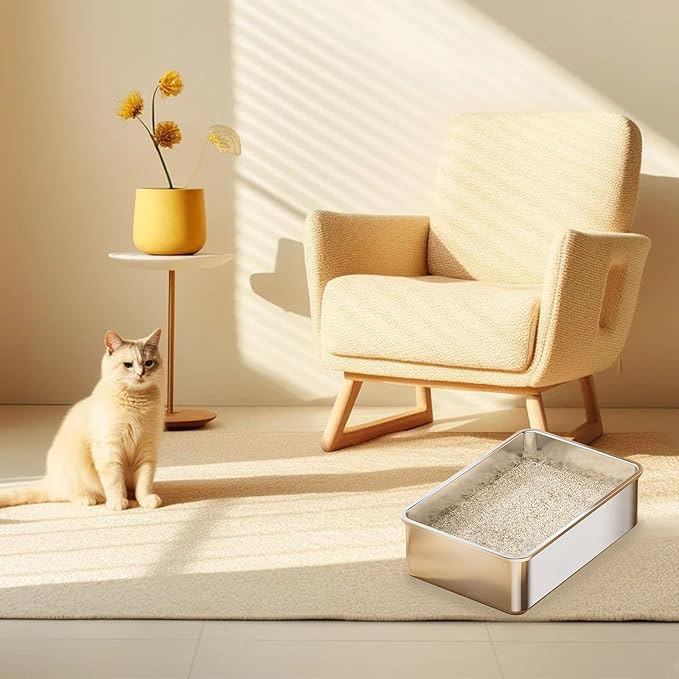 Stainless Steel Cat Litter Box - Medium to Large Indoor Metal Litter Pan Tray, High Sided, Easy to Clean No Stick Rustproof Odorless Pet Toilet for Cats Kitty Rabbit (Silver, 17.7" x13.8" x6")