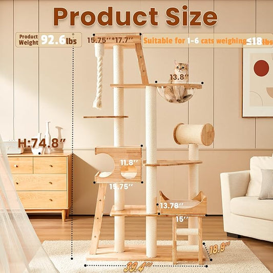 Heavy Duty Cat Trees for Large Cats,Sturdy 74.8'' Tall Maine Coon Cat Tower with Transparent Bowl,Ladder,Luxury Cat Condo with Scratching Posts,Bed with Removable Mat for Multi-Cat Families