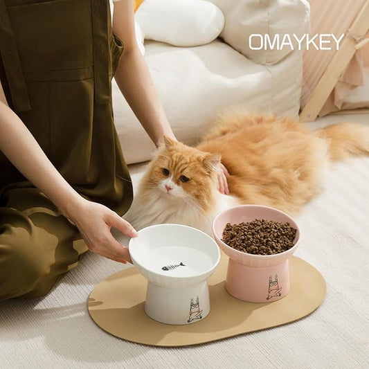 OMAYKEY 6.5 Inch Extra Wide Ceramic Raised Cat Bowls, Porcelain Tilted Elevated Cat Food Water Bowl Dish, Stress Free Pet Feeder Dishes for Cats & Small Dogs, Whisker Fatigue, White & Pink