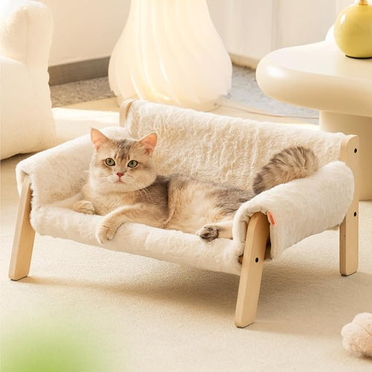 MEWOOFUN Cat Couch Bed, Pet Sofa for Indoor Cats Wooden Indoor Elevated Cat Beds with Removable Mattress Cover Suitable for Kitty, Puppy or Small Animal (White, Medium)