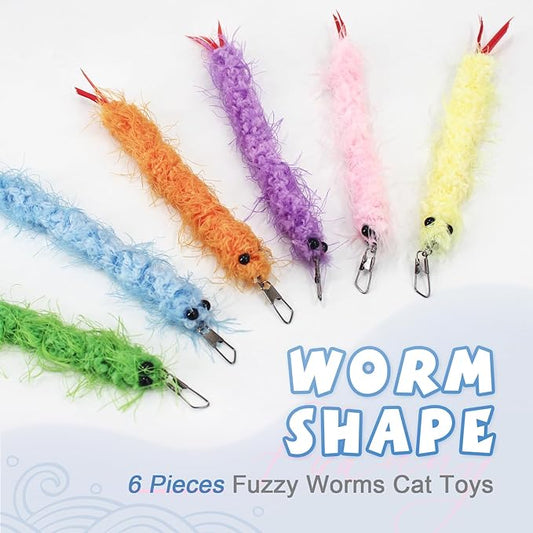 SONGWAY Worm Cat Toy Wand - 6 PCS Cat Worm Toys with Retractable Wand, Interactive Feather Tail Toys for Indoor Cats Kittens