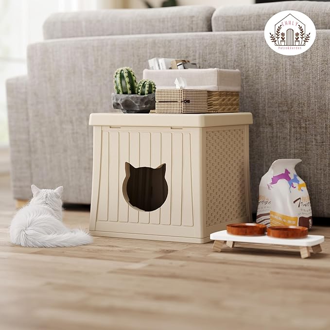 Heavy Duty Cat House Waterproof, Hidden Cat Litter Box Enclosure with Flip Lid for Easy Cleaning, Extra Thick Insulated Cat House Outdoor, Winter Feral Cat Shelter Weatherproof, Oakmilk