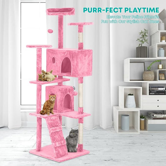FDW Cat Tree 70in Cat Tower Multi-Level Durable Cat Scratching Post & Cozy Fun Cat Jumping Platform Space Saving Cat Condo Pet Play House for Indoor Cats,Pink