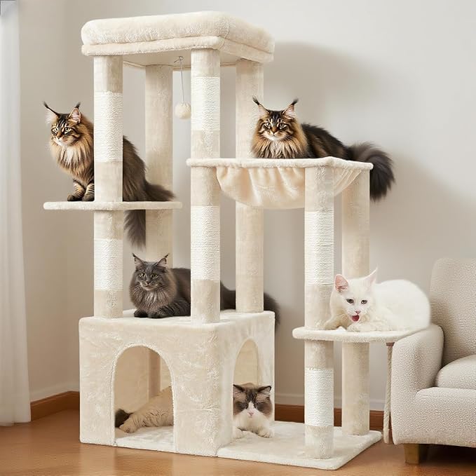 Heybly Heavy Duty Cat Tree, Tower for Indoor Cats Large Adult, Tall Cat Condo House with Extra-Large Baseboard, Multi-Level Plush Furniture with Scratching Posts, Hammock, Toy Ball, Beige HCT026M