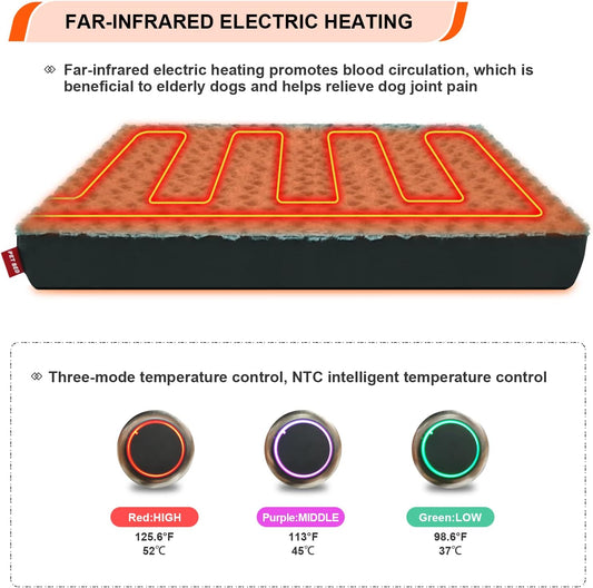 Heated Dog Bed with12V~24V Safe Voltage, Electric Heating Arthritis Orthopedic Dog Bed with Thickened Memory Foam, Heated Pet Bed with Waterproof Cover for Medium Dogs, Large Dogs (Large)