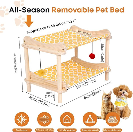 2-Layer Cat Hammock Bed, 24"x15.7"x16.3" Elevated Cat Bed with Pine Wood Frame, Breathable Washable Covers, Wooden Pet Furniture for Indoor Cats and Small Animals(Orange-2)