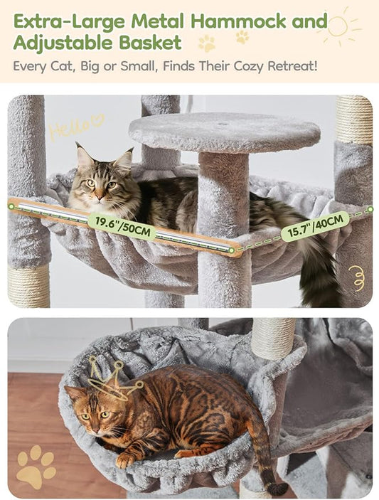 Taoqimiao 76-Inch Cat Tree with Scratching Posts,XXL Cat Tower for Large Cats with Cat Scratching Board,Extra-Large Metal Hammock,3 Perches, 2 Big Condos, Hanging Basket,MS047W,Light Gray
