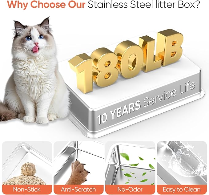 XXXL Stainless Steel Litter Box with Lid,XXXL Enclosed Metal Cat Litter Box for Big Cats,Multiple Cats,with Litter Scoop & Foot Pedal& Litter Mat,Odor Control,Easy Cleaning