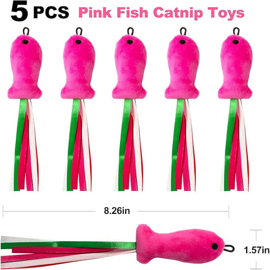 Cat Toys Pink Fish, 5PCS Catnip Toys for Cats, Flopping Cat Fish Toy Filled Soft Plush, Cat Feather Wand Accessories with Ribbons, Interactive Cat Toys for Indoor Cats Kitten Play Exercise Chew