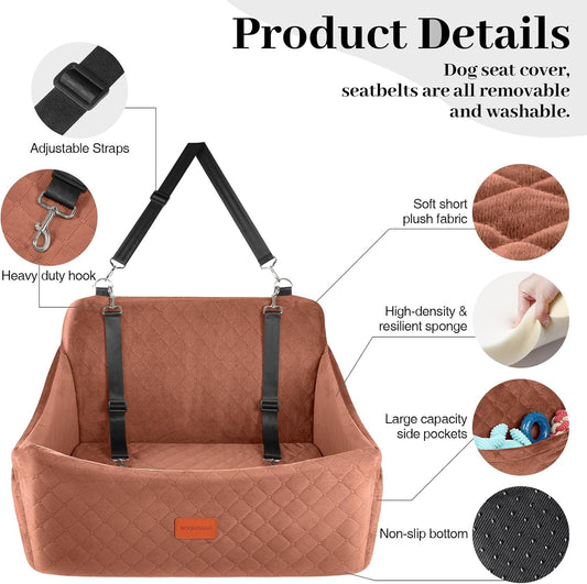 Dog Car Seat for Medium & Large Dogs Up to 55lbs, Memory Foam Cushion, Washable Cover, Safety Straps & Non-Slip Base (Brown, Large)