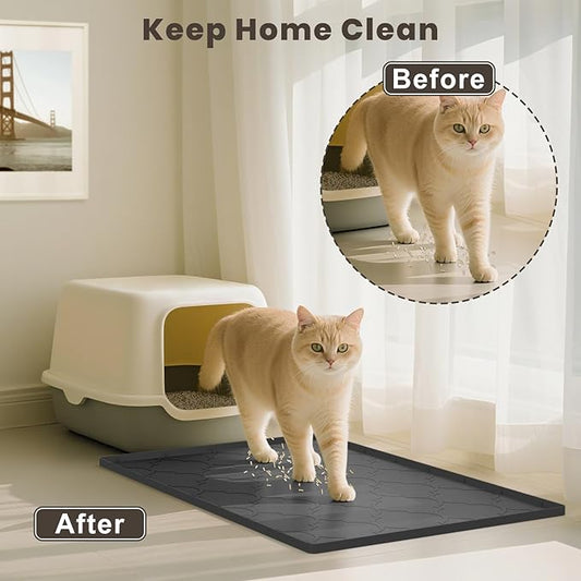 Cat Mat for Litter Box, 34" X 22" Large Silicone Cat Litter Trapping Mat, Easy Clean for Scatter Control, Soft on Kitty Paws, Waterproof, Urine-Proof, Non-Slip Kitty Litter Mat for Floor, Black