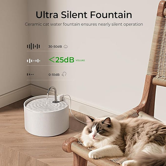 Ceramic Cat Water Fountain, 2.2L/74oz Cat Fountains for Drinking Indoor, Automatic Pet Water Dispenser with Ultra-Quiet Pump and Replacement Filter, Kitty Watering Supplies, Easy Clean BPA-Free