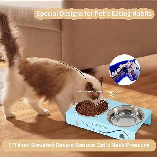 2 Pack Cat Food Bowls - Indoor Set with Metal Stand,5° Tilted Anti Vomiting Wide Raised Pet Dish, Cute Elevated Cat Feeding Station for Food Water, 4 Stainless Steel Bowls for Kitten, Puppy,Blue