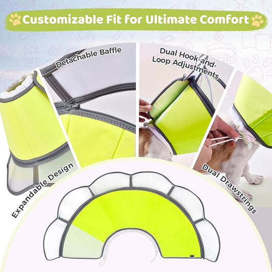 Soft Dog Cone Collar After Surgery Recovery,Adjustable E-Collar with Removable Shield,Lightweight,Breathable Anti-Licking Protective Cone for Large,Medium,Small Pets (Neon Green, M (Neck:12''-15''))