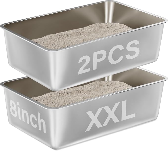 2 Pack Stainless Steel Litter Box-XXL Metal Litter Box for Big Cats 8IN Deep, Cat LitterBox-Pet Toilet Easy to Clean,High Sided Cat Litters Boxes Adult Cats,Non Stick, No Smell