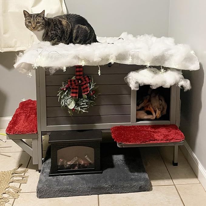 GUTINNEEN Outdoor Cat House Insulated, Weatherproof Feral Cat Shelter with Insulation Liner for Winter, Wooden Elevated Cat Condo for 1-3 Cats, 33.5" L x 21.7" W x 27.2" H (Grey)