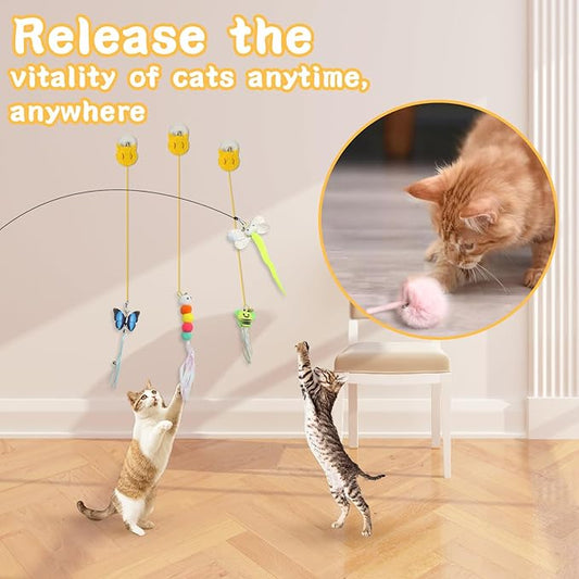 Cat Toys 6Pcs with Interactive Wand & Hanging Door Toys – Interactive Cat Feather Toy for Indoor Cats, Bored Cats – Includes Bells, Replaceable Heads, Adjustable Elastic Rope