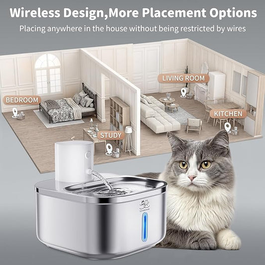 Cordless Cat Water Fountain Stainless Steel: 108 oz/3.2L Water Fountain for Cats Dogs Indoor - Battery Operated Pet Water Fountain Rechargeable - Automatic Cat Water Dispenser with Motion Sensor