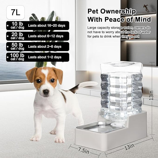 RIZZARI Stainless Steel Pet Water Feeder: 7L Automatic Leak-Proof Gravity Dispenser for Cats Dogs Indoor Outdoor Use(Beige with Filter,7L)