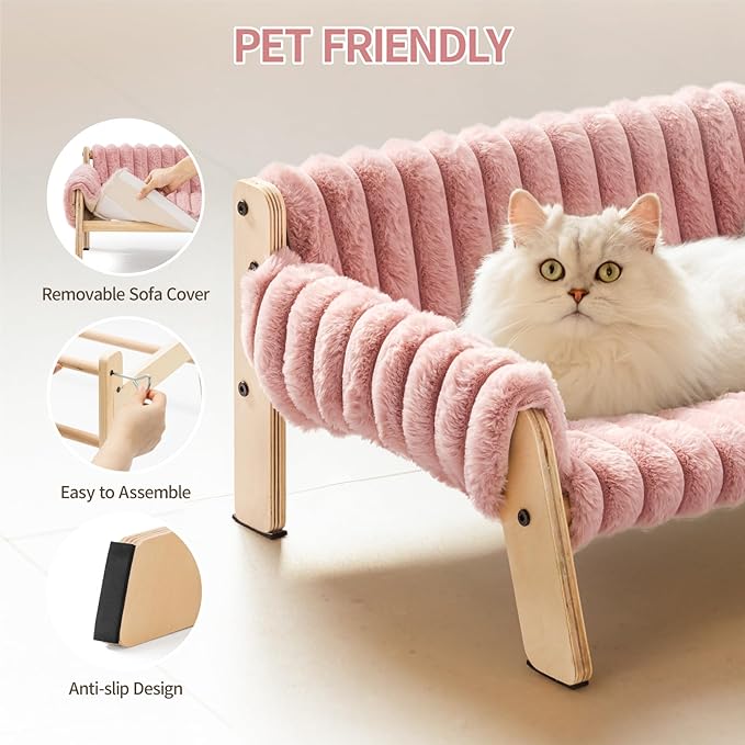 MEWOOFUN Cat Couch Bed, Pet Sofa for Indoor Cats Wooden Indoor Elevated Cat Beds with Removable Mattress Cover Suitable for Kitty, Puppy or Small Animal (Pink, Medium)