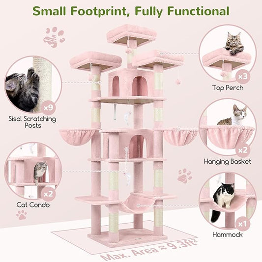 Globlazer Big Pink Cat Tower for Indoor Cats, 80inch Cat Tower for Multiple Adult Cats XXL Cat Tree with Scratching Post, Hammock, 3 Perches, 2 Condos, 2 Hanging Basket, F80, Pink