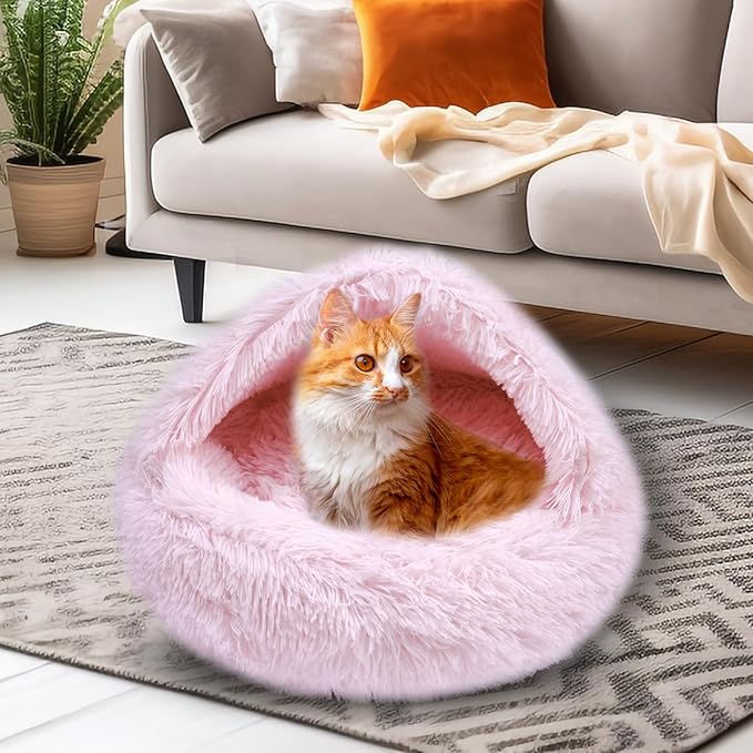 Cat Beds for Indoor Cats,Cat Cave for Puppy and Kitty,Calming Small Dog Bed for Small Dogs with Cover Cave,Cozy Warming Fluffy Washable Anti-Slip Pet Sleeping Bag(20 * 20inch,Light Pink)