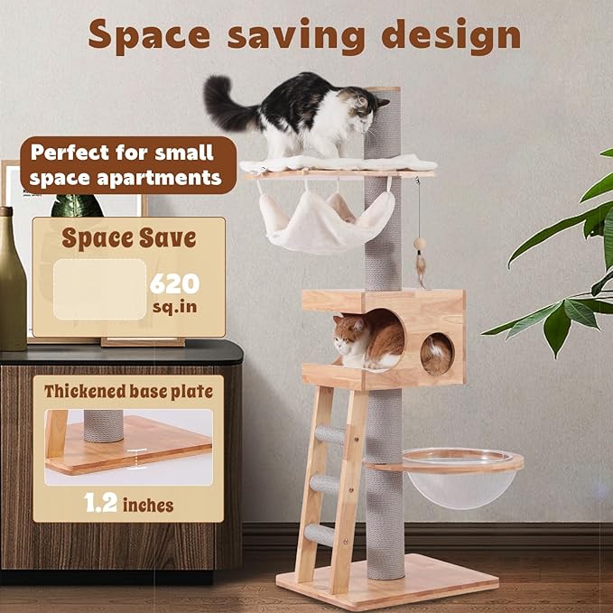 62.6'' Tall Wooden Cat Tree for Indoor Cats,Luxury Cat Tower with Cat Condo,Hammock,Clear Bowl,Thickened Sisal Scratching Post,Climbing Ladder,Heavy Duty Cat Furniture for Small Medium Large Cats