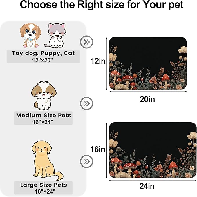 Vintage Mushroom Flower Pet Cat Dog Food Mat-Absorbent Quick Dry Feeding Placemat for Water and Food, No Stains Rubber Base Mat for Indoor Use, Pet Accessories 16"x24"