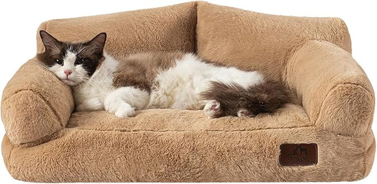 Hollypet Fluffy Plush Pet Dog Cat Couch Soft Calming Pet Sofa Bed for Medium Small Cats and Dogs, Light Brown