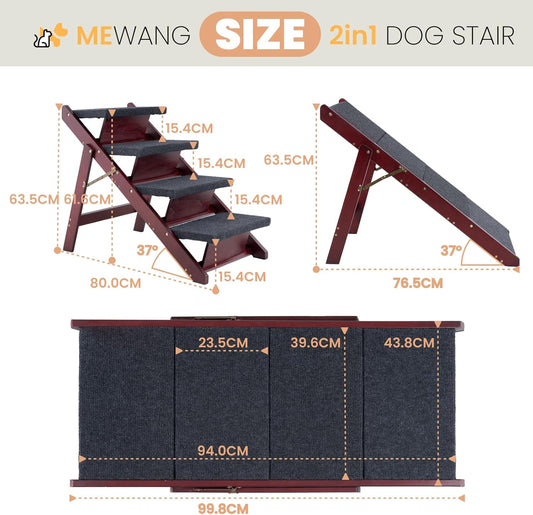 MEWANG Wooden Pet Stairs/Pet Steps - 3-in-1 Foldable Stairs & Ramp for Tall Beds and Cars - Portable Dog/Cat Ladder Up to 220 Pounds - for Small and Older Animals(Brown) (31.5" L x 17.2" W x 25.0" H)