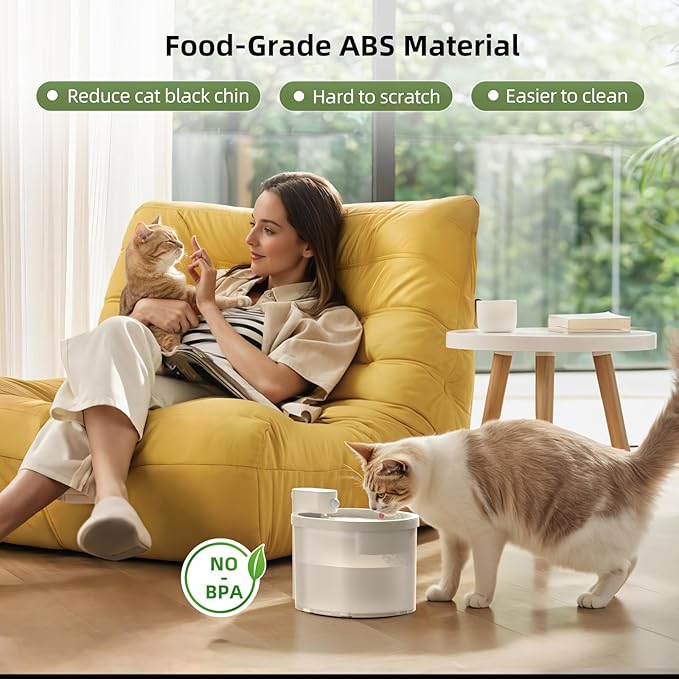 uahpet Cat Water Fountain, Wireless & Battery Operated 2L/67oz Pumpless Automatic Pet Fountain with Motion Sensor, Food-Grade ABS Tray, Easy to Clean Water Dispenser for Cats