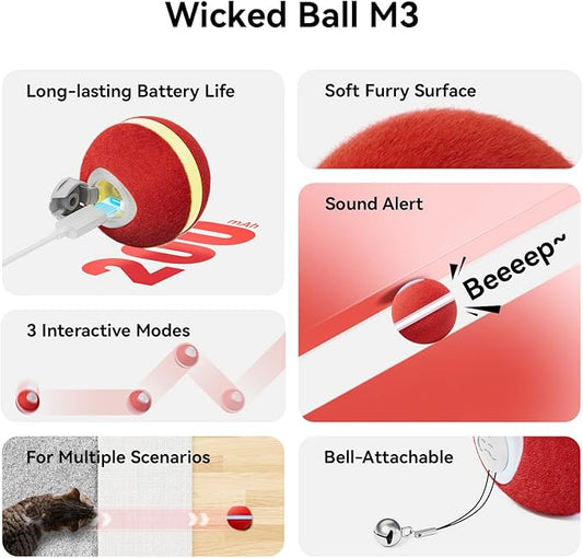 Cheerble Interactive Cat Ball Toy, Wicked Ball M3, Automatic Moving Smart Anti-Depression Pet Toy Fun Gift with Light