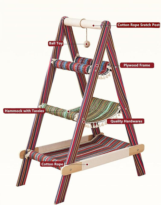 SHENGOCASE 3-Tier Modern Boho Style A Frame Wooden Cat Tree Tower Ladder with Multi-Level Bed Hammock for Large Cat and Sctatching Post, Hanging Toy Ball (Boho)