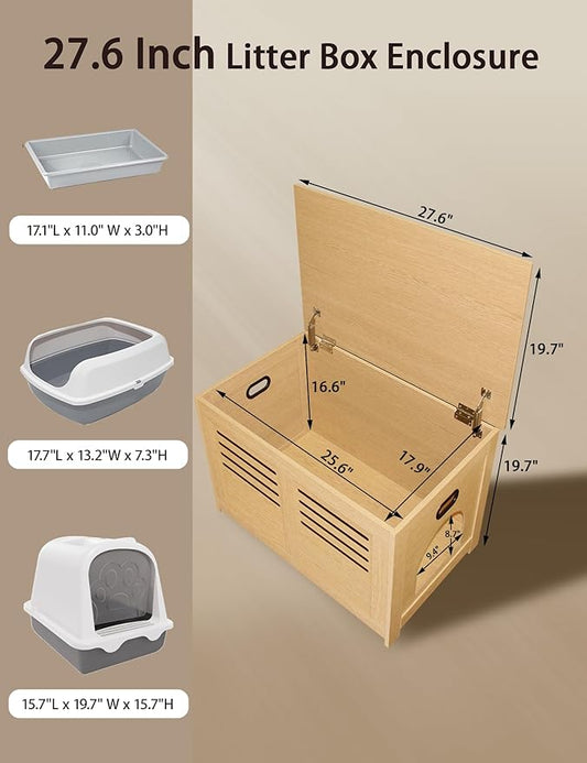DINZI LVJ Litter Box Enclosure, Flip Top Litter Box Furniture, Good Ventilation, Hidden Cat Washroom, 27.6" L x 19.7" W x 19.7" H, Entrance Can Be on Left or Right, Wooden Cat House, Natural