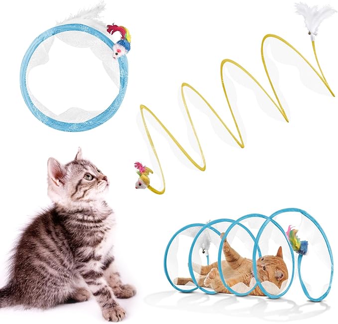 2-Piece Spiral Cat Tubes for Indoor Cats, Large Collapsible Tunnel with Feather Mouse Interactive Toy (Yellow + Blue)