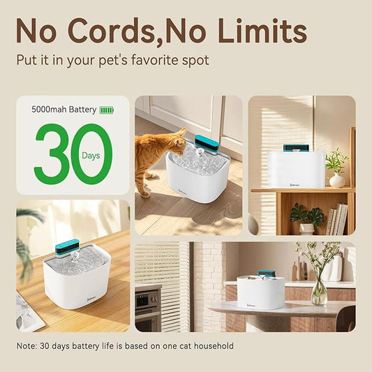 Cat Water Fountain, 122oz/3.6L Pumpless Cat Fountain, Cordless Water Fountains for Cats Indoor, Dog Pet Water Fountain Battery Operated with Stainless Steel Tray (White, Fountain+8 Fliters)