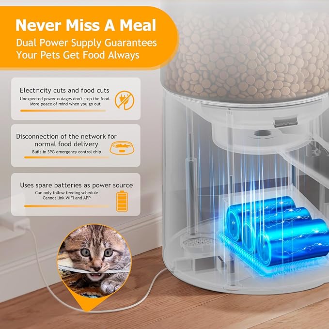 Automatic Cat Feeder, 2.4Ghz WiFi Timed Dog Food Dispenser with APP Control, 3L Auto Dry Food Feeders for Pets, Programmable Portion Control, 10 Meals/Day, 10s Voice Recorder (WiFi)