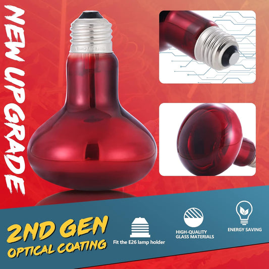 LUCKY HERP 100W Reptile Heat Lamp Bulb 2 Pack, Amphibian Infrared Basking Spot Light Bulb, Red Heat Lamp Bulbs for Reptiles, for Turtle, Bearded Dragon, Lizard, etc