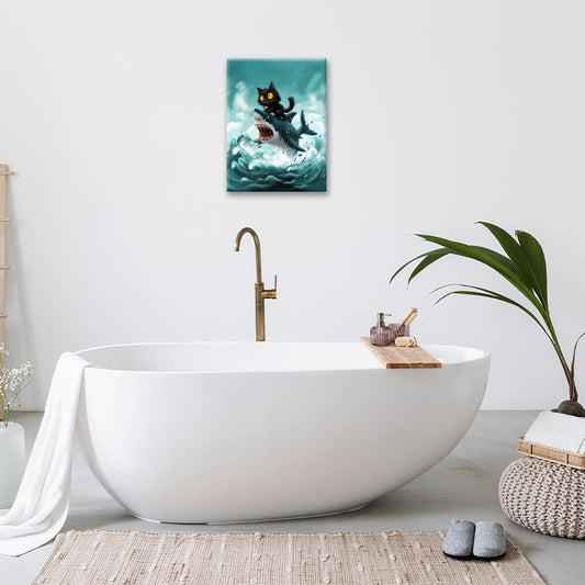 Funny Black Cat Bathroom Wall Art Cute Cat Riding Shark Canvas Wall Decor Animal Kitten Pictures Painting Print Artwork Framed Decorations Gifts for Cat Lover Kids Room Bedroom 16"x20"