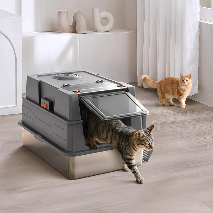 XXXL Stainless Steel Litter Box with Lid,28" L x 20.5" W x 16.5" H Extra Large Cat Litter Box Enclosure for Large and Multi-Cats Families,Non-Sticky, Anti-Leakage, Easy to Clean(Gray)