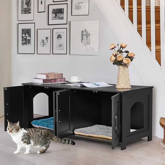 Homhedy Cat Litter Box Enclosure for 2 Cats, Litter Box Furniture Hidden with Double Room,Wooden Cat Washroom Furniture,Cat House,47.2”L x 19.7”W x 19.7”H,Black