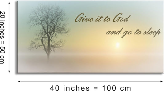 Lasdel Canvas Wall Art of Misty Sunset & Tree Plant Picture For Bedroom Home Above Bed, White Country Wood Sign For Bathroom, Give It To God & Go to Sleep Artwork Decor, Inner Frame 20x40 Inches
