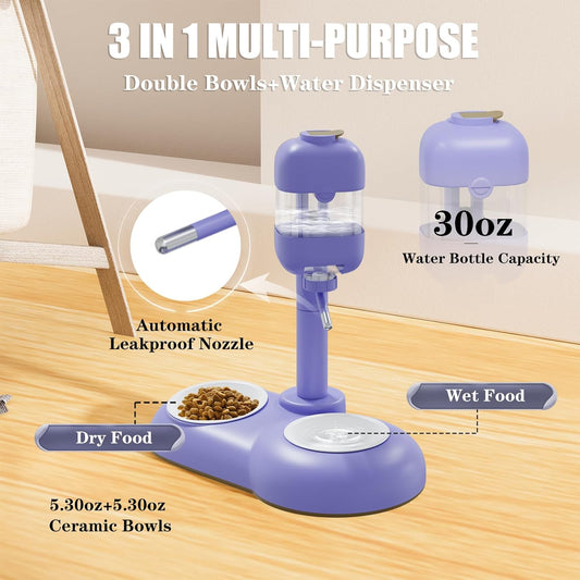 Dog Bowls with Puppy Weaning Bottles,3 in 1 Dog Bowl Set with Water Dispenser and 2 Food Grade Ceramic Bowls for Cats,Bunnies,Ferrets and Small Sized Dogs(Purple)