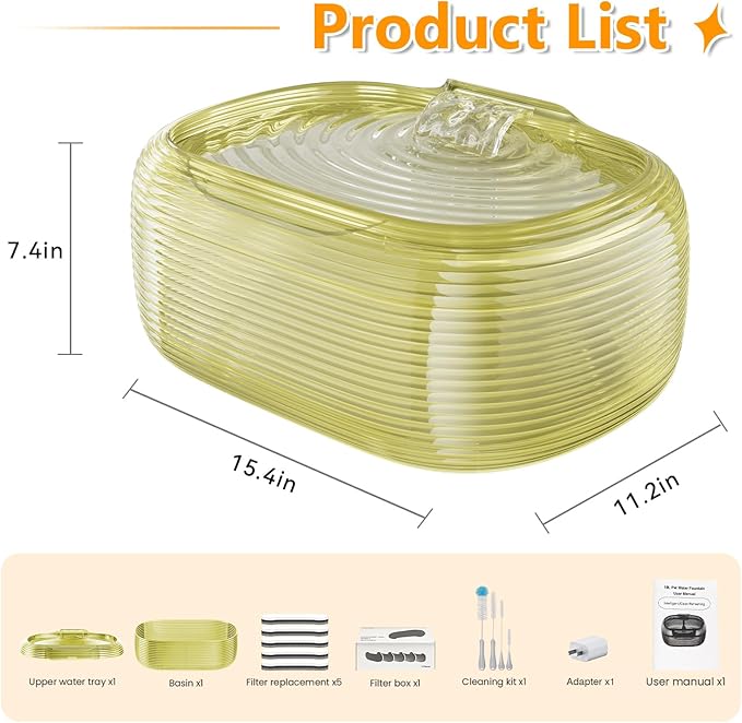 JMICOW 10L/2.6Gal/338oz Dog Water Fountain for Large Dogs, Dog Fountain Water Bowl, Pet Water Fountain with 5 Replacement Filters and 4 Cleaning Brushes (Yellow)