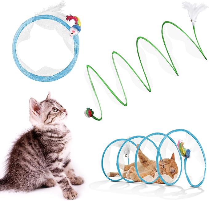 2-Piece Spiral Cat Tubes for Indoor Cats, Large Collapsible Tunnel with Feather Mouse Interactive Toy (Green + Blue)