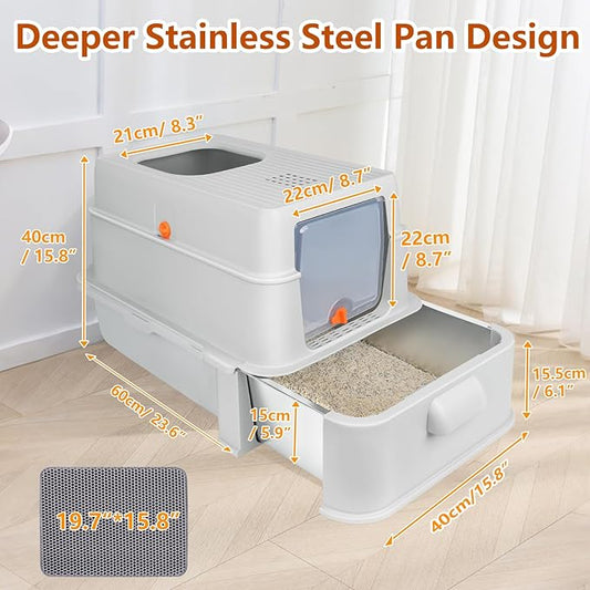 Enclosed Stainless Steel Cat Litter Boxes,Top Entry Large Foldable Litter Box with Lid,Hooded Covered Stainless Steel Cat Litter Box,Easy Cleaning,No Urine Leakage,Deeper Pan,with Litter Mat