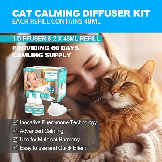 Cat Calming Diffuser, Cat Pheromones Calming Diffuser, Effectively Relieve Anxiety Stress Cat Diffuser Calming Multicat with 1 Diffuser + 2 Refill 48ml Last 60 Days Fits All Cats