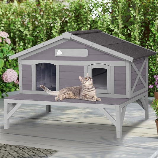 Aivituvin Outdoor Cat House, Large Weatherproof Roof, 100% Wooden, Outside Feral Cat Shelter for Winter