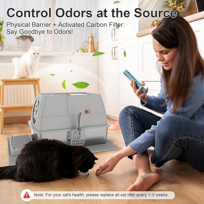 Stainless Steel Cat Litter Box with Lid, XL Extra Large Kitty Litter Box, Enclosed Top Entry Metal Litterbox for Big Cats, Easy Cleaning, Anti-Leakage & High Sided with Mat, Aisle & Scoop Light Grey