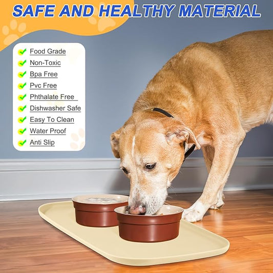 Silicone Pet Feeding Mat with Raised Edge for Food and Water, Dog Bowl Mats, Cat Bowls Placemat with High Lip for Floor Waterproof, Rubber Tray for Cats and Dogs 19 x 12 x0.7 White Sand